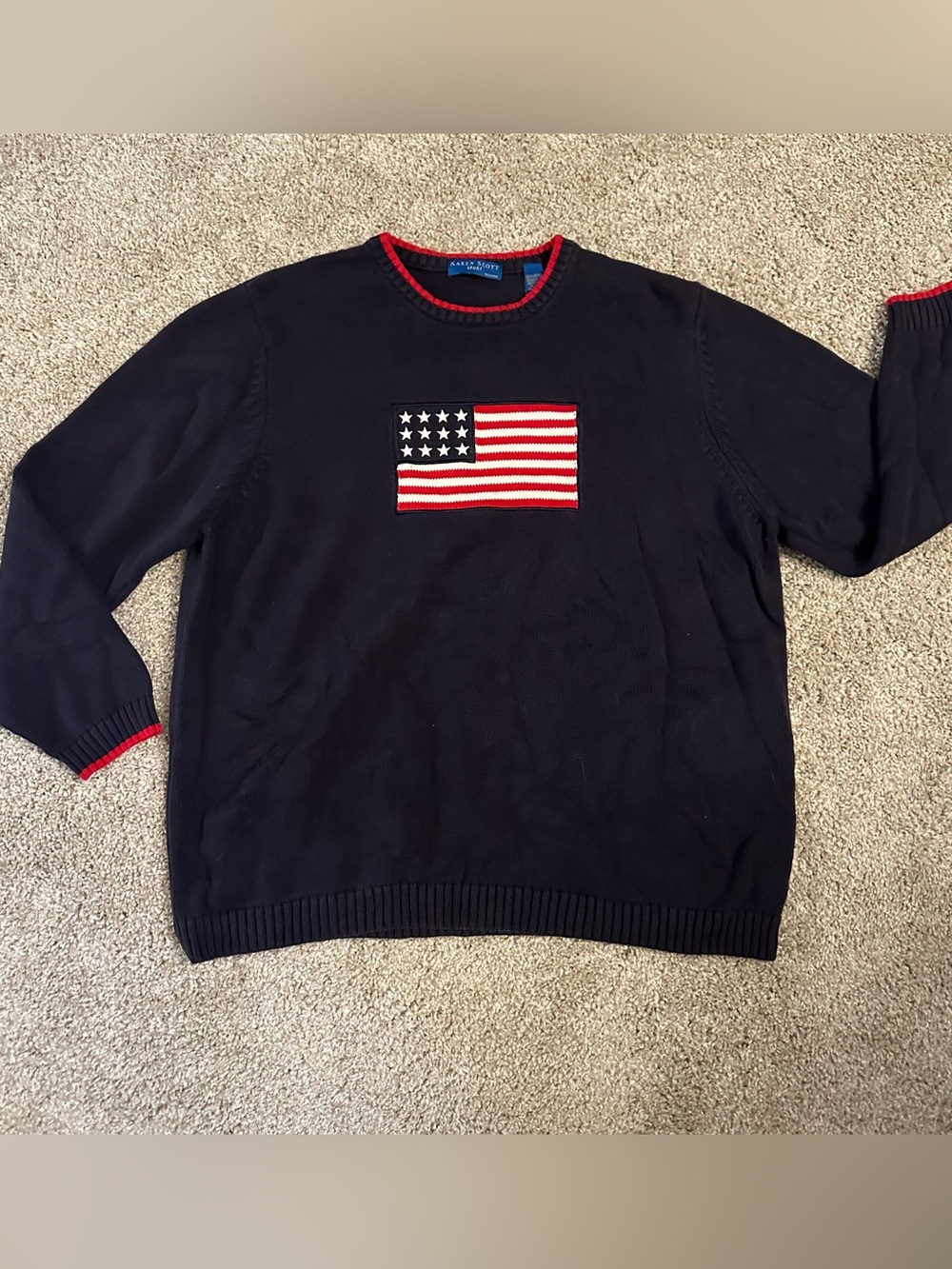 Vintage 1990s Karen Scott Sport Red Sweater Cotton US Flag Size 1x A86